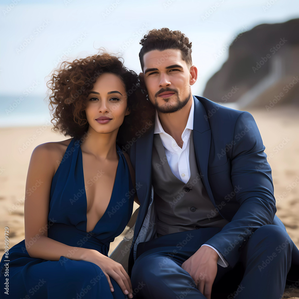 Portrait of mix race couple taking photo outdoor on the beach with blue sky and beach as the background. 