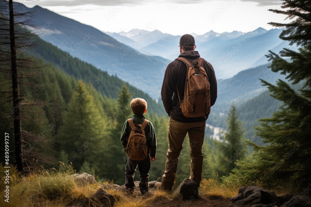 Father and son pause at edge of trail, mountainside. 