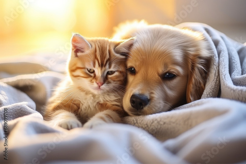 Puppy and kitten, Close up cat and dog together lying Generative AI