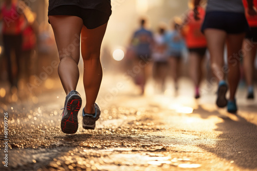 Marathon running in the light of evening, running on city road detail on legs, Athletes