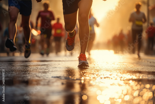 Marathon running in the light of evening, running on city road detail on legs, Athletes