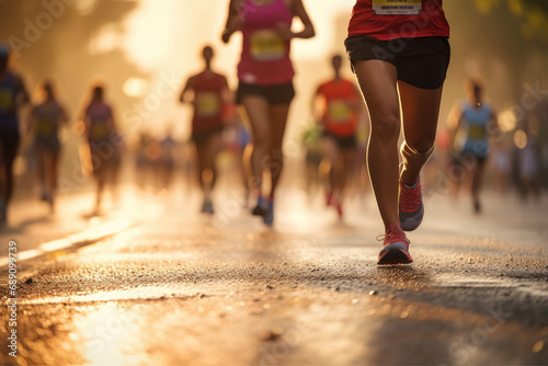 Marathon running in the light of evening, running on city road detail on legs, Athletes
