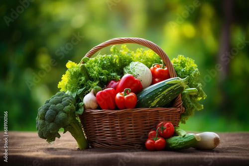 Basket with fresh vegetables on table in garden. Healthy food concept