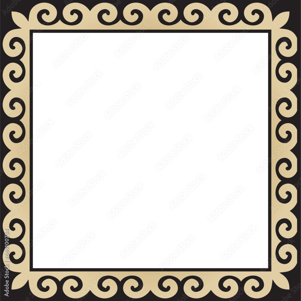 Vector golden with black Square Kazakh national ornament. Ethnic pattern of the peoples of the Great Steppe, Mongols, Kyrgyz, Kalmyks, Buryats. Square frame border..