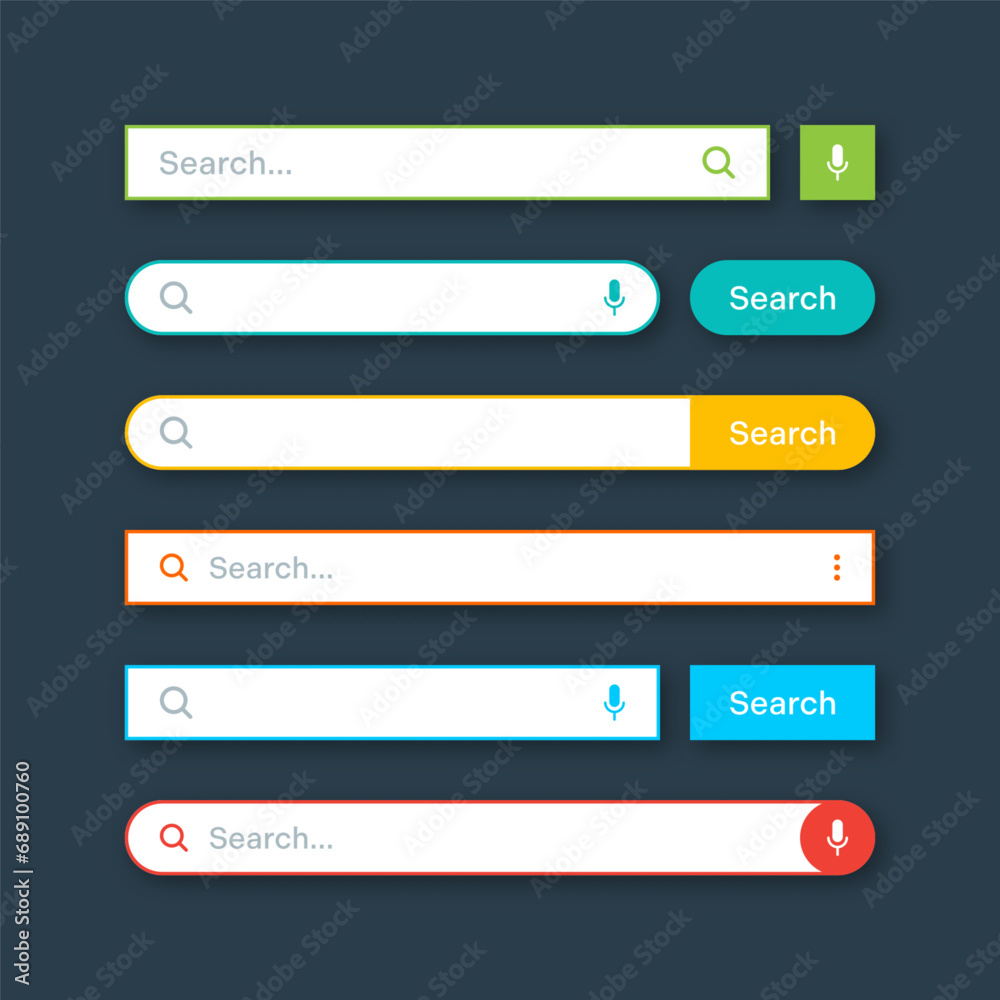 Colorful search bar templates. Internet browser engine with search box, address bar and text field. UI design, website interface element with web icons and push button. Vector illustration Colorful search bar templates. Internet browser engine with search box, address bar and text field. UI design, website interface element with web icons and push button. Vector illustration