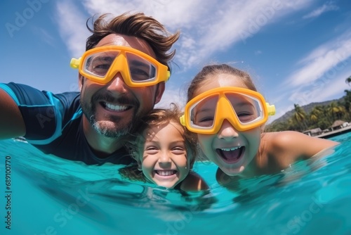 Medium shot portrait of smiling family on snorkeling tour in tropical ocean while on vacation  photo