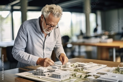 Older Caucasian architect examining scale model in office