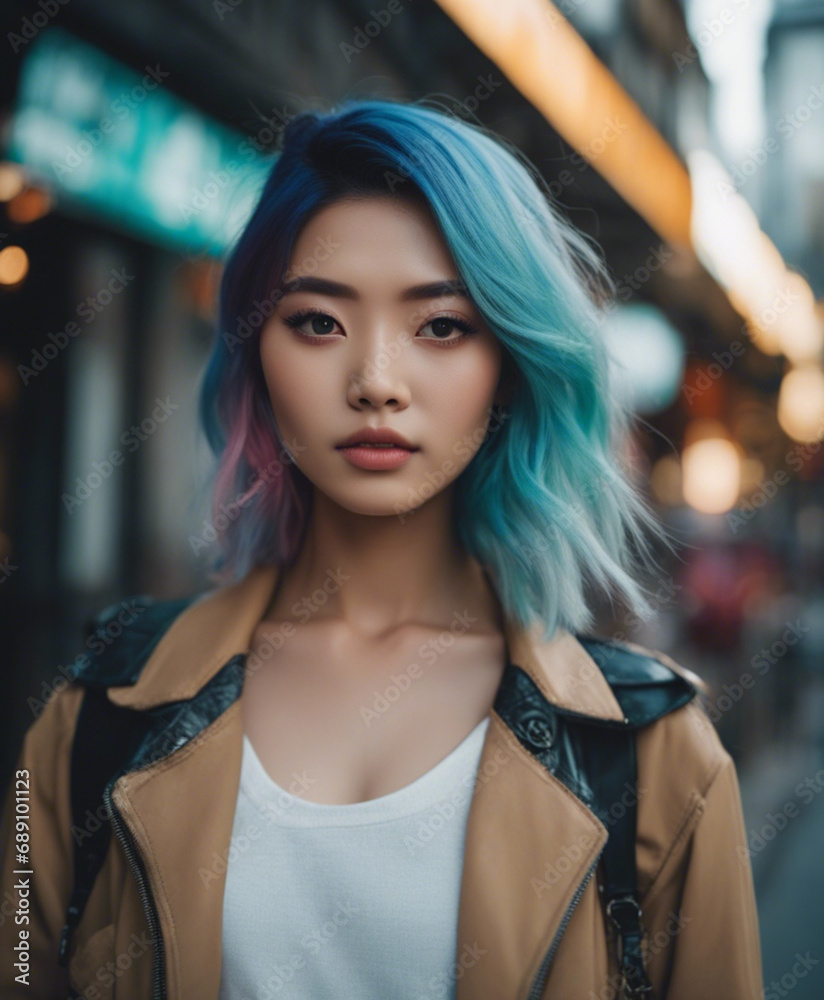 portrait of A young Asian woman with multicolored hair and vibrant makeup stands, looking directly at the camera.

