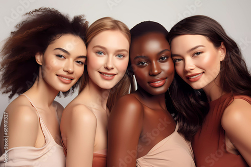 Beauty Portrait of positive diversity young female models hugging portrait for inclusivity, happiness and healthy skin texture on light background. Wellness, Spa, Cosmetology, Skincare Concept.