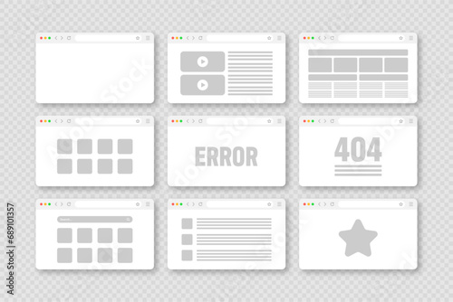 Web browser window, pages layout with toolbar and search field. Modern website, internet page in flat style. Browser mockup for computer, tablet and smartphone. Adaptive UI. Vector illustration