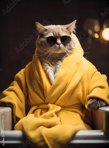 Closeup portrait of cool posed cat wearing yellow bathrobe with sunglasses with soft lighting isolated on dark background. 
