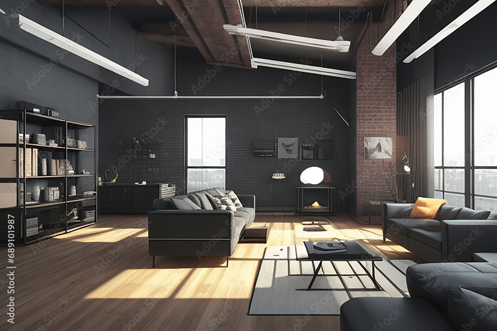 Fototapeta premium Living room interior in loft, industrial style, 3d render ai generated