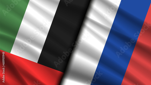 Vector politico economic poster. Wavy flags of Russia and United Arab Emirates. Relations between countries.