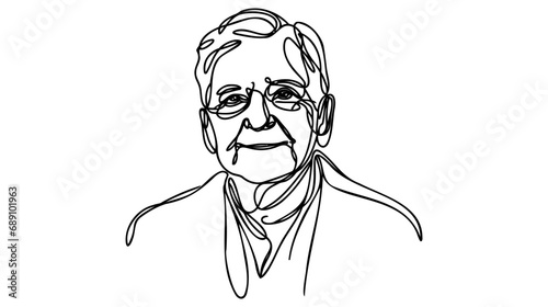 Continuous line old man portrait. One line vector of a person's face. Line art of an adult man's face