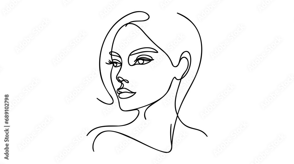 Minimalistic silhouette of woman face. Black and white. White background. One line drawing