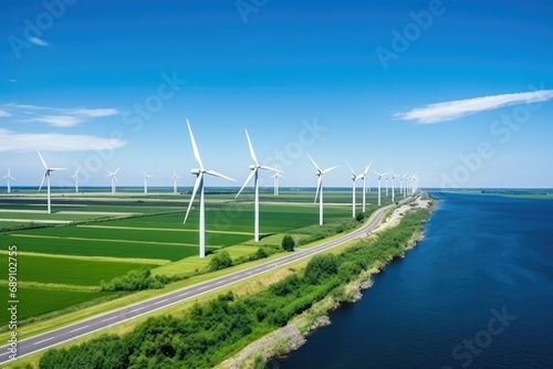 Wind turbines next to a levee on the shore of the IJsselmeer in the Noordoostpolder in Flevoland. drone shot 