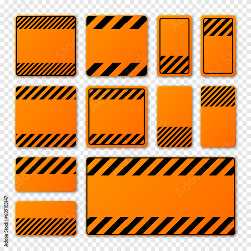 Various blank orange warning signs with diagonal lines. Attention, danger or caution sign, construction site signage. Realistic notice signboard, warning banner, road shield. Vector illustration photo