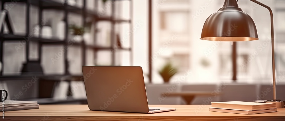 Sleek office setup. Modern laptop on wooden table. Digital workspace. Desk with pc and blank screen. Tech haven. Empty workplace with computer Sleek office setup. Modern laptop on wooden table. Digital workspace. Desk with pc and blank screen. Tech haven. Empty workplace with computer