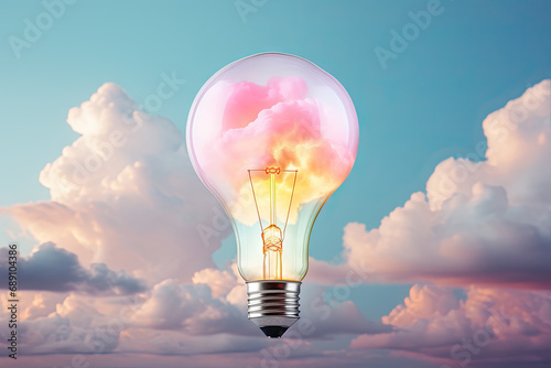 A pink light bulb floating in the sky created with generative AI technology