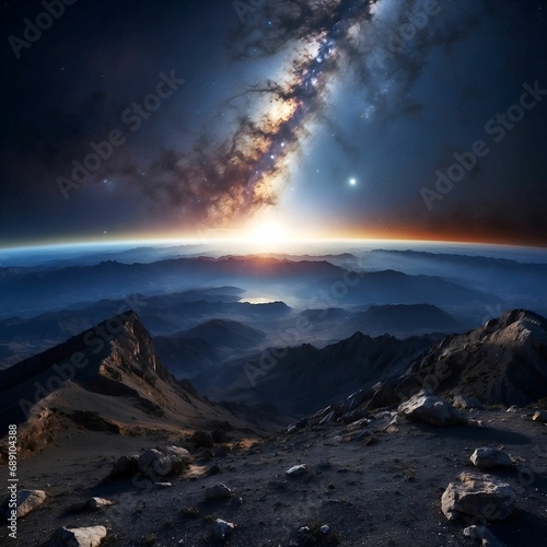 Abstract background of sunrising , planets and galaxy view from top of earth