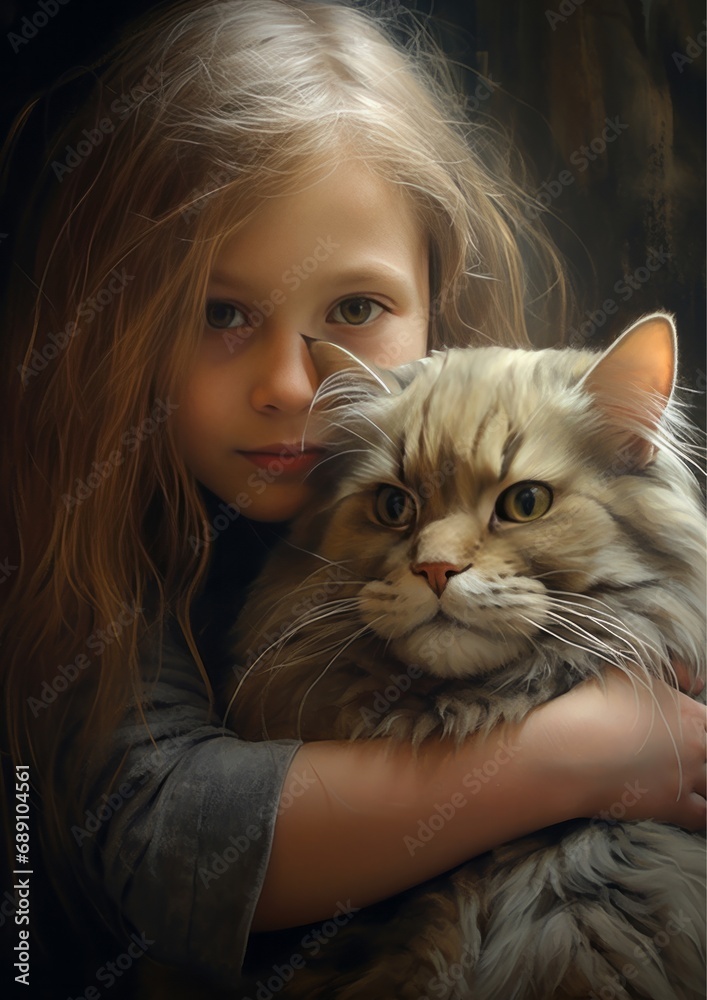 Little girl hugging a big cat. AI Generative