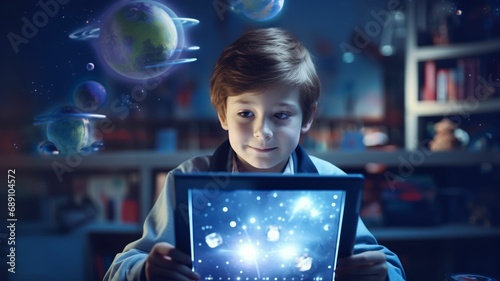 The boy studying in the virtual classroom of the future