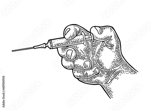 Hand makes an injection with a syringe. Engraving vintage vector black illustration isolated on white. 