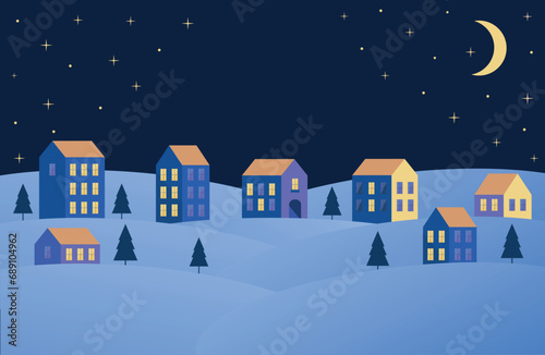 Night landscape with winter city, trees and Moon. Horizontal banner, christmas card. Vector illustration, eps 10.