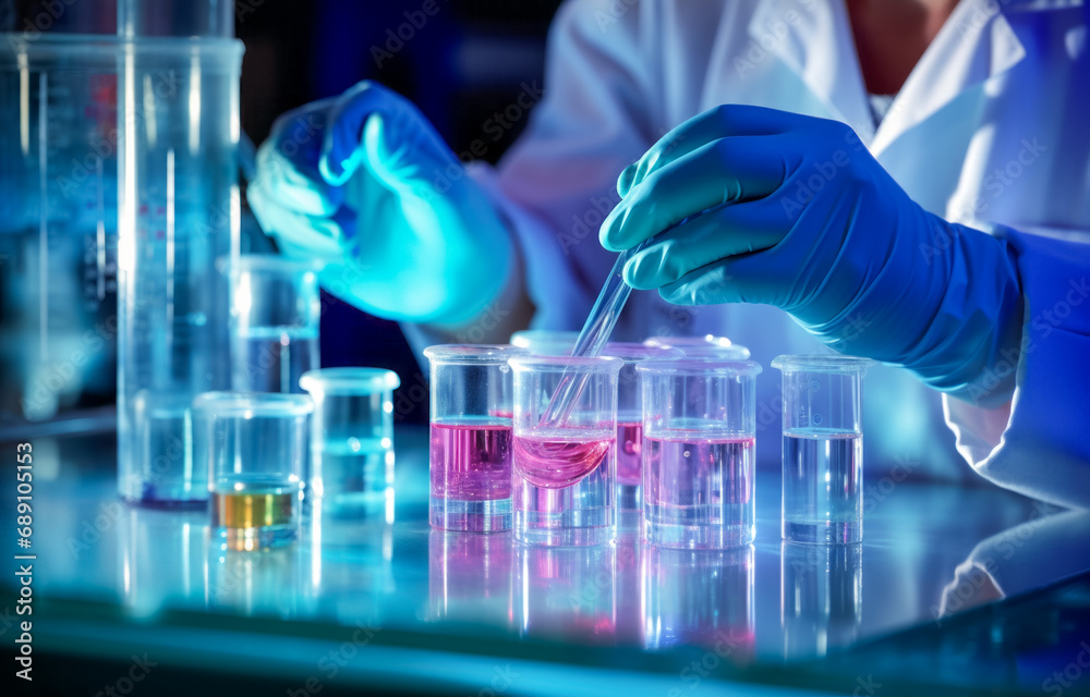 Laboratory research and development concept. Scientist working with test tubes in clinical laboratory. Laboratory research and development concept. Scientist working with test tubes in clinical laboratory.