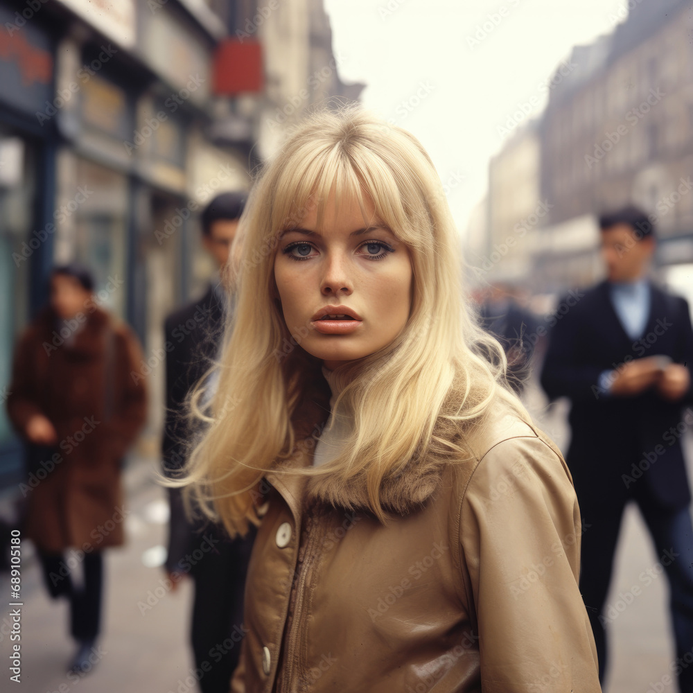 A young blonde woman standing in a 1960s street.