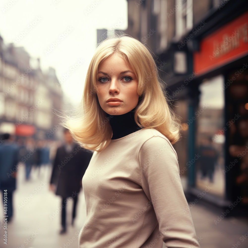A young blonde woman standing in a 1960s street.
