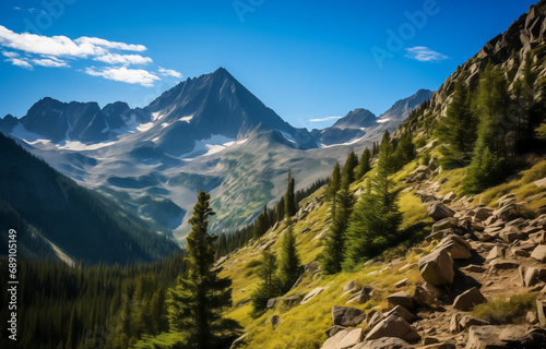 Serene alpine landscape with towering mountain and lush greenery