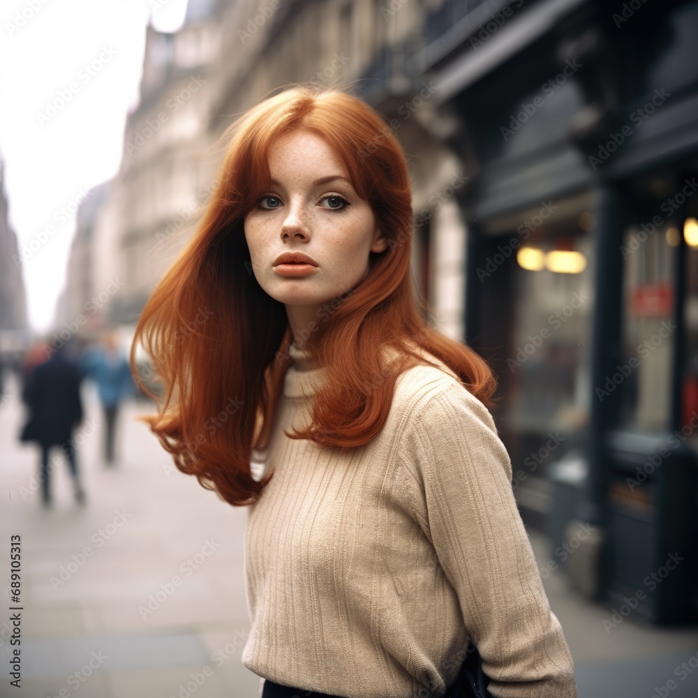 A young redhead woman standing in a 1960s street. A young redhead woman standing in a 1960s street.