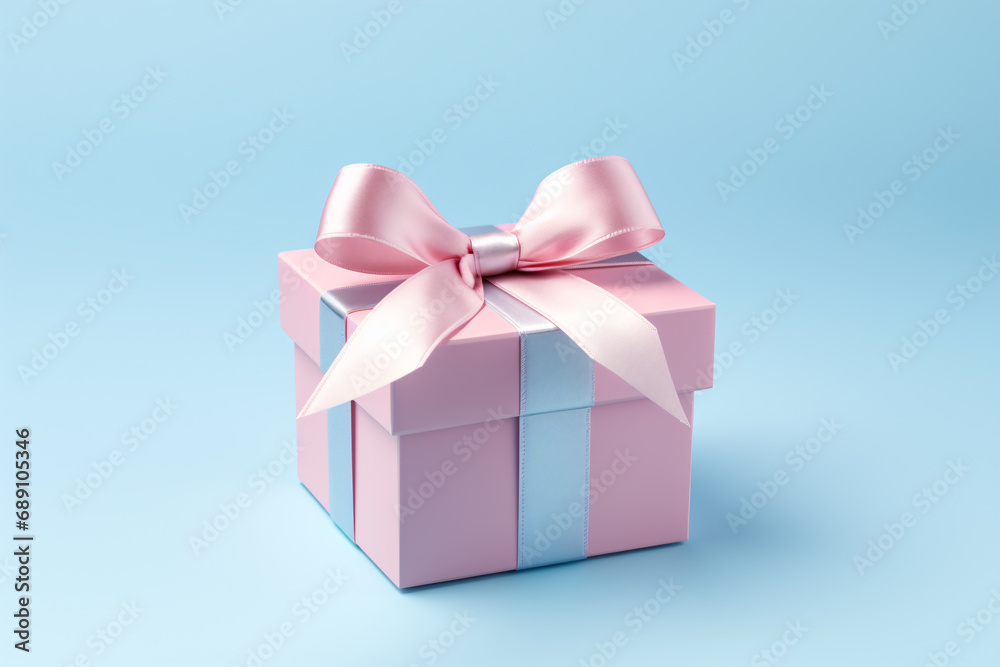 Obraz premium Beautiful pink gift box with pink ribbon bow isolated on blue background, Valentine s day and New year promotion offer concept.