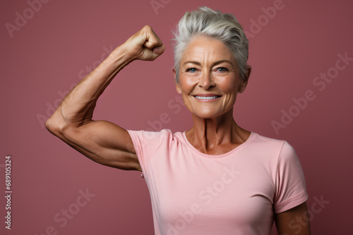 Beautiful cheerful middle aged senior woman with healthy lifestyle, smiling and flexing arm muscles on pink background, health and wellness for aging society concept. photo