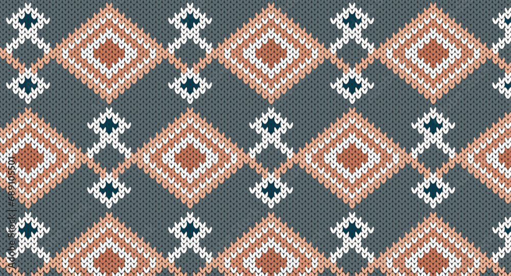 Orange geomatric on gray knitted pattern, Festive Sweater Design. Seamless Knitted Pattern