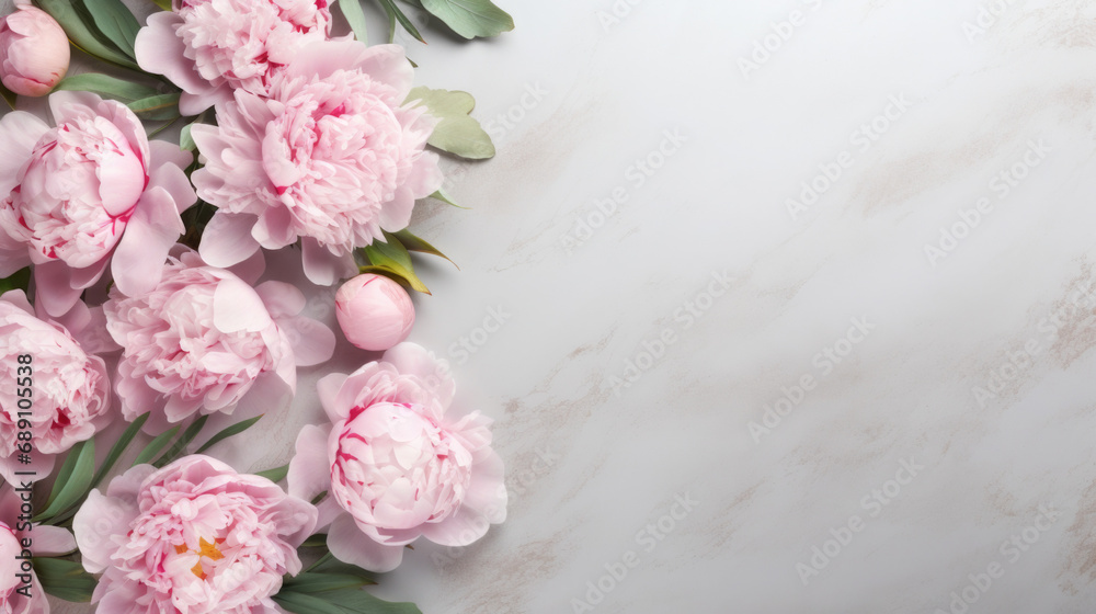 Background of pink peonies. Flowers on marble background. Top view. Copy space. Close up.