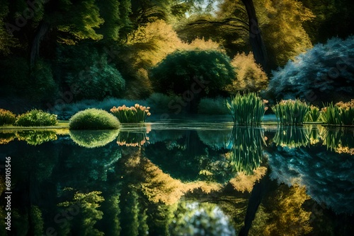 green trees with lush grass and big burger tress in the shine of the sun with spider web in it and water falling from top hills and mountain abstract luxarious view and background  photo