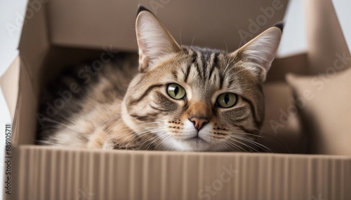tabby cat laying in the box, isolated white background 