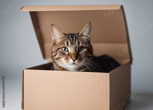 tabby cat laying in the box, isolated white background
