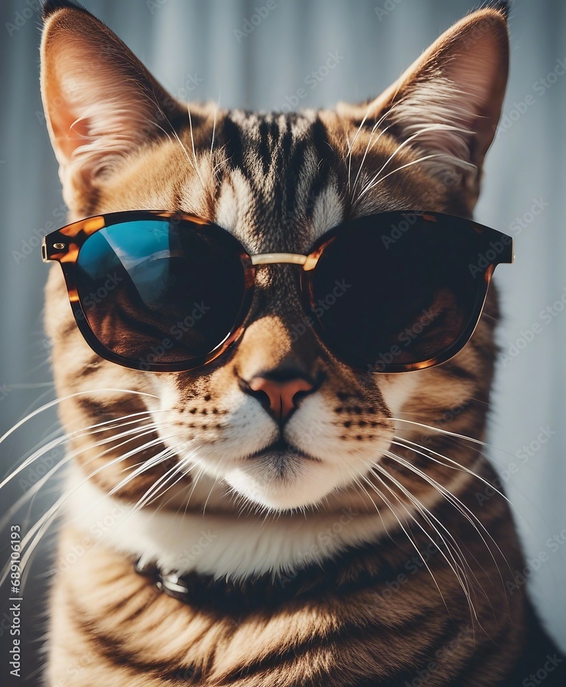 tabby cat with sunglasses, isolated white and bright background.