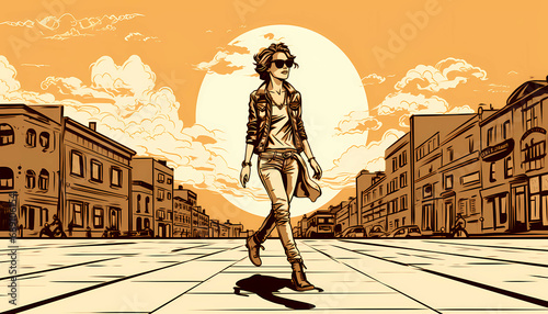 A Woman Walking On A Street, Outdoor fashion photo of stylish hipster cool girl.