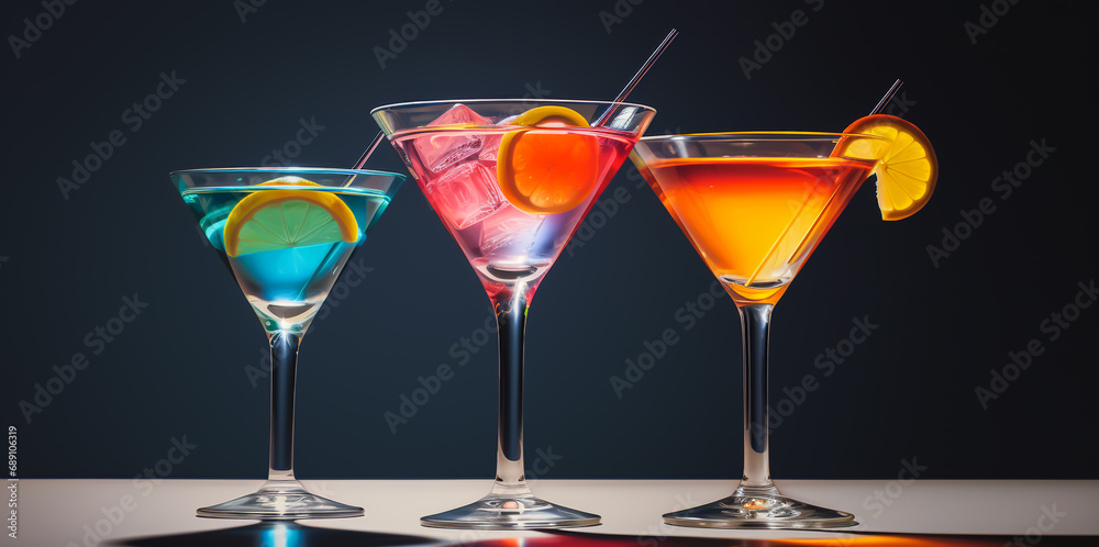 selection of cocktails. Cooler beverage at nightclub on dark background.