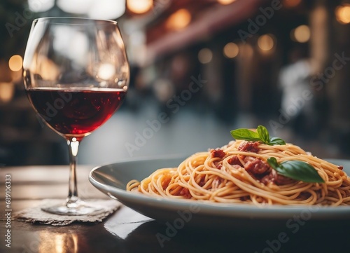 traditional spaghetti and glass of wine, at Italian streets 