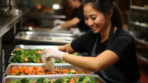 Smiling Food Preparation Worker Arranging Vegetables in Kitchen. photo