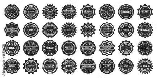 Post stamps, labels and badges. Grunge imprints and postmarks. Vintage circle postcard watermarks. Used envelope design elements. Vector illustration