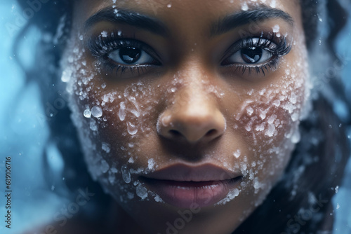 close up of frozen poc female face covered in cold ice photo