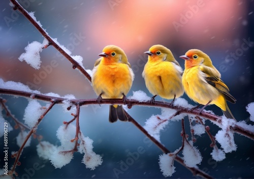 Vögel auf Zweig sitzend im Winter. AI Generative © MendyZa