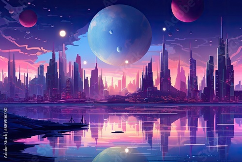 luxury futuristic future city scape at night illustration