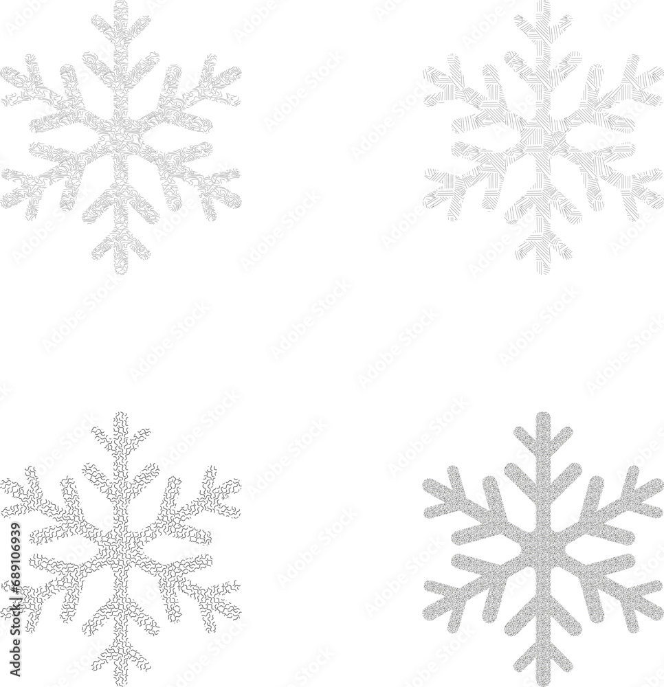 Diverse Flurries: Four Vector Snowflakes Adorned with Unique Patterns, Creating a Mesmerizing Winter Wonderland of Design Diverse Flurries: Four Vector Snowflakes Adorned with Unique Patterns, Creating a Mesmerizing Winter Wonderland of Design